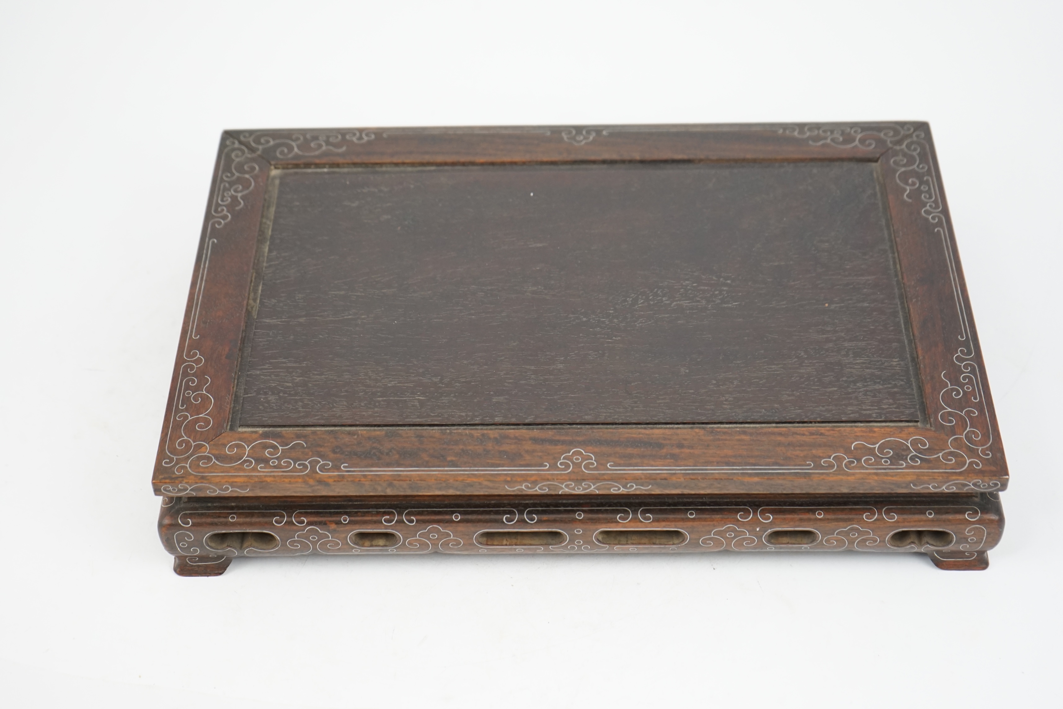 A Chinese silver wire inlaid hardwood stand, late 19th century